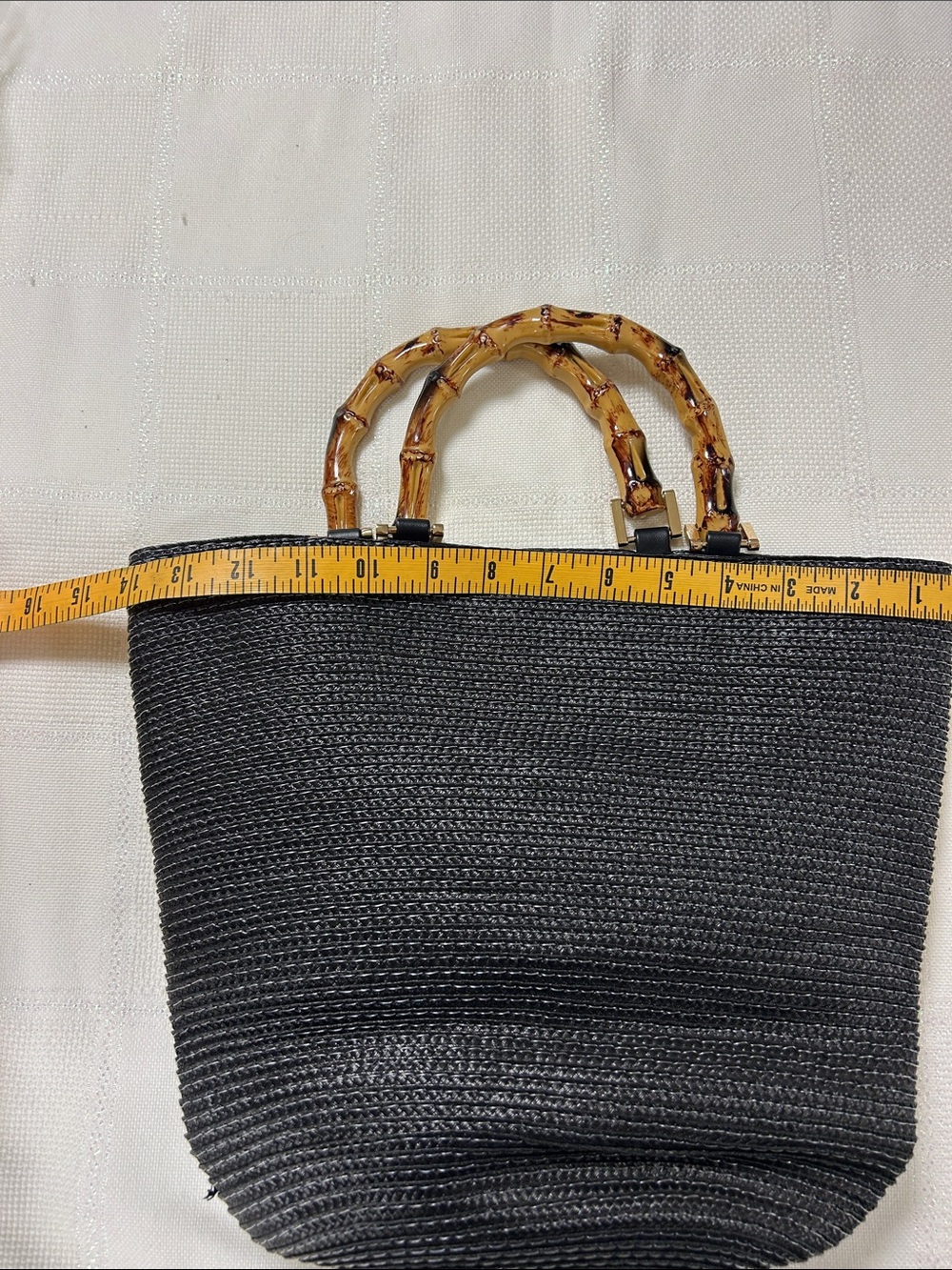Black Straw Tote with Tortoise-Style Bamboo Handle image 6